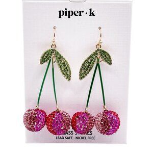 New Piper K Red Pink Green Glass Cherry Dangle Statement Earrings Whimsical